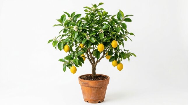 Potted lemon tree with ripe yellow fruit, indoor citrus plant in terracotta pot, organic Meyer lemon bush for home gardening and interior decor isolated PNG with Transparent Background