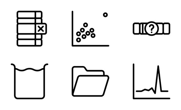 Data Analysis Icons Set: Scatter Plot, Stacked Bars, Flowchart, Beaker, Folder, Graph | Business & Science Vector Graphics
