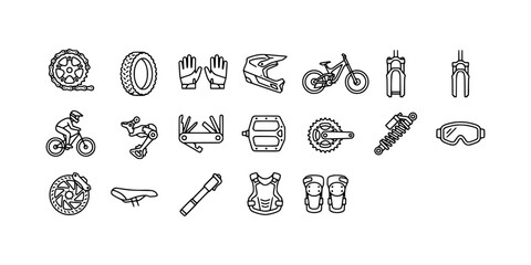 Icon set collection of mountain biking components, protective equipment, downhill cycling gear, and trail repair tools in linear vector style. © Raka Firdaus 