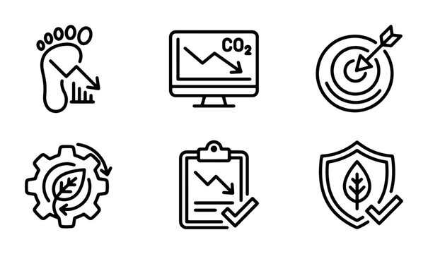 Eco-friendly icons set, carbon footprint reduction, sustainability goals, environmental protection, green business strategy, vector graphics