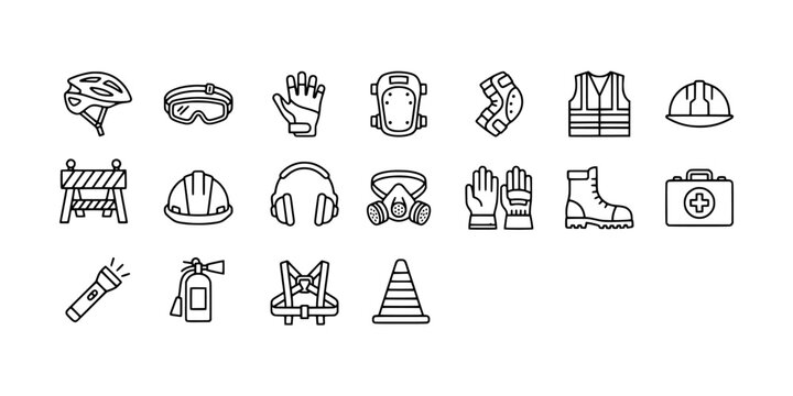 Icon set collection of industrial safety equipment, construction gear, protective clothing, and emergency tools in modern linear vector style.