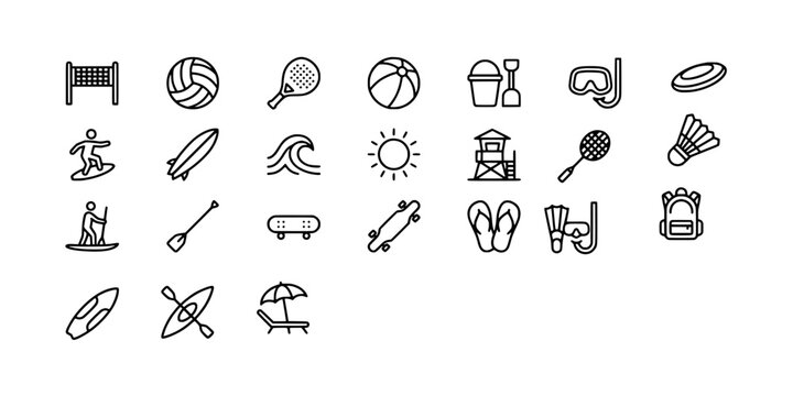 Icon set collection of beach sports equipment, water activities, summer leisure gear, and active vacation lifestyle items in vector style.