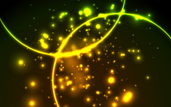 Green yellow glowing neon circles and shiny bokeh lights abstract tech background. Vector elegant design
