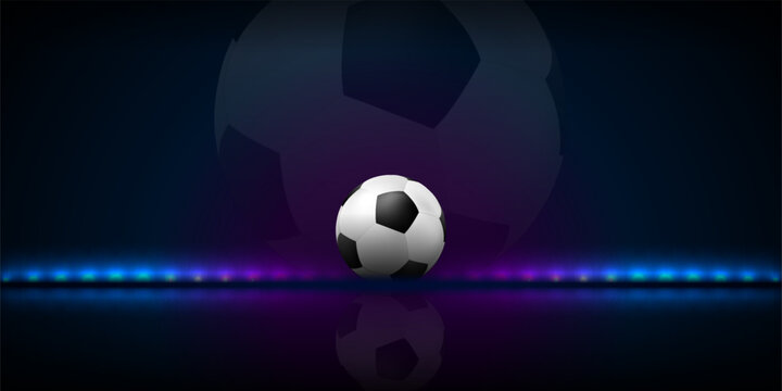 Abstract vector sports background with realistic soccer ball on reflective surface with glowing blue and purple neon lights on dark backdrop with copy space