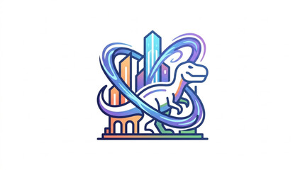 Dinosaur surrounded by abstract swirling lines and city buildings. © Kakasi