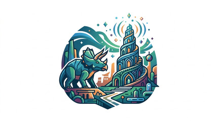 Dinosaur standing near a fantastical ancient tower structure. © Kakasi