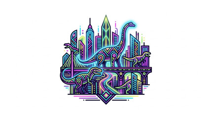 Dinosaurs in a Futuristic Cityscape Illustration. © Kakasi