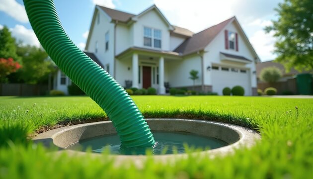 Green sewer hose in manhole on grassy lawn. Pump removes water from underground septic tank near suburban house. Waste management service task.