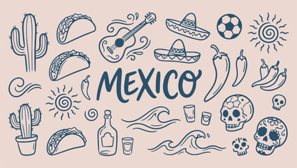 Obraz premium Mexico traditional culture and heritage symbols, hand drawn minimal line art doodle set, premium modern monoline vector illustration, clean design isolated on white background, national tourism and tr