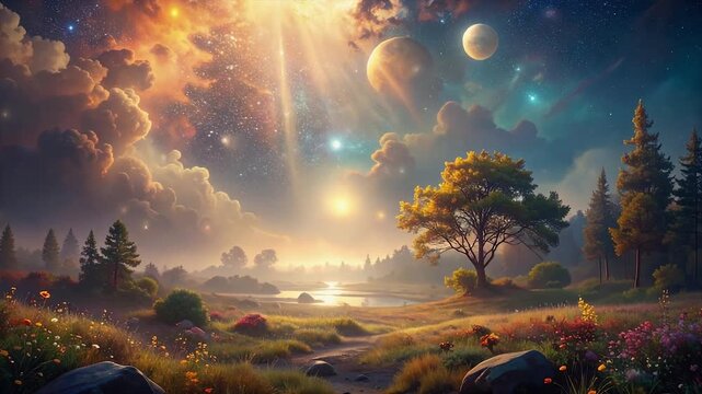 Serene cosmic haze glowing softly with tranquil light and gentle floating particles enveloping