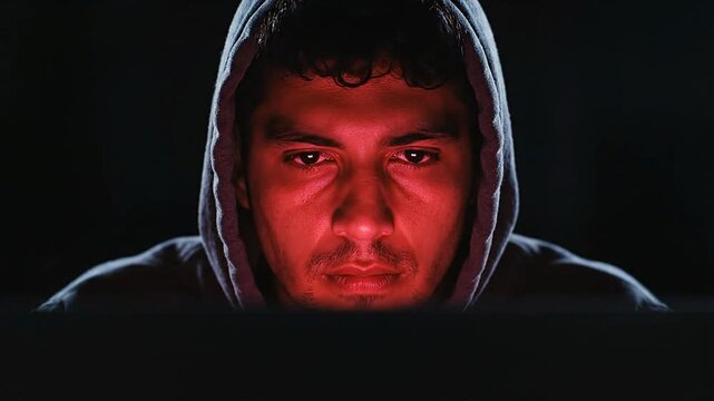 A hooded man faces forward with intense gaze in darkness cybersecurity threats loom