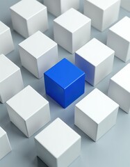 Fototapeta premium One blue cube stands out from many white cubes. Illustration visualizes concepts like uniqueness, difference, conformity, individuality. Suggests exceptional standing out in crowd. Ideal for business