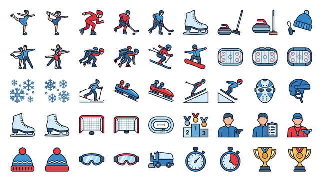 Winter Sports Icons Set: Figure Skating, Hockey, Skiing, Snowboarding, Bobsled, Curling, Medals