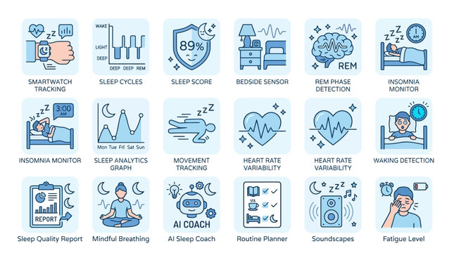 Sleep Tracking and Health Monitoring Icons Set: Smartwatch, Cycles, REM, Insomnia, AI Coach