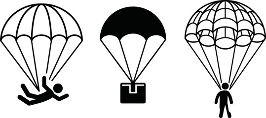 Skydiving Parachute and Air Cargo Delivery Icon Set with Skydiver and Package Shipping Vector Designs © MstBabli