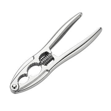 Heavy duty metal nutcracker tool with spring mechanism and comfortable handles isolated on transparent background.