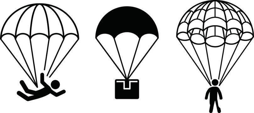 Skydiving Parachute and Air Cargo Delivery Icon Set with Skydiver and Package Shipping Vector Designs