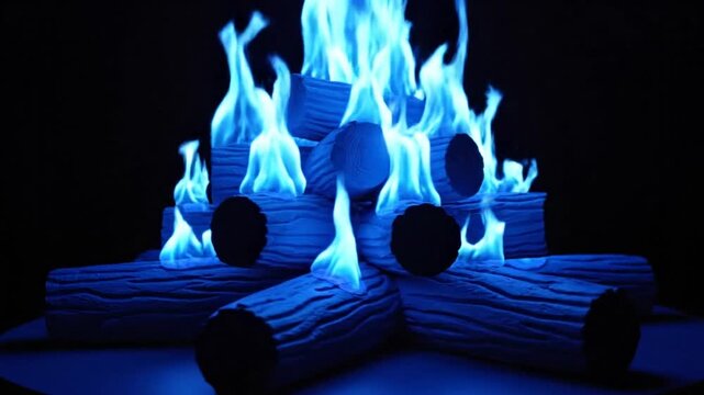 Mesmerizing glowing blue flames dancing over a stack of realistic ceramic fireplace logs, dark background
