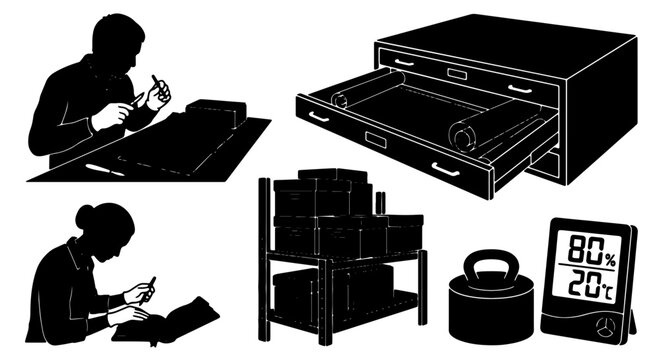 Warehouse Inventory Management, Quality Control, and Logistics Icons Set. Storage, Measurement, and Inspection Vector Graphics for Business Operations.