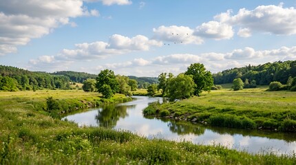 Obraz premium Serene River Winding Through Lush Green Landscape Under a Cloudy Blue Sky