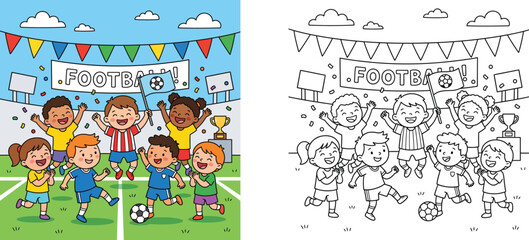 Fototapeta premium Kids playing football soccer game and celebrating on the field cartoon vector illustration and coloring page for children