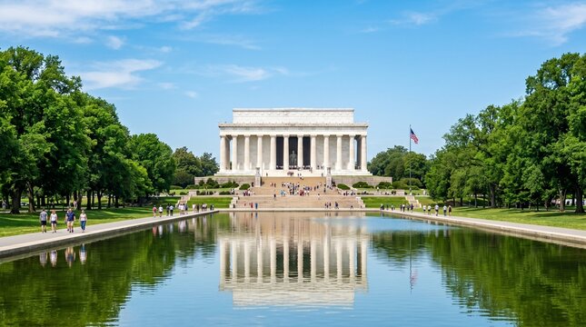 A scenic view of the Lincoln Memorial in Washington, D.C., showcasing the iconic marble building reflecting beautifully in the calm waters of the Reflecting Pool on a bright, clear sunny day.