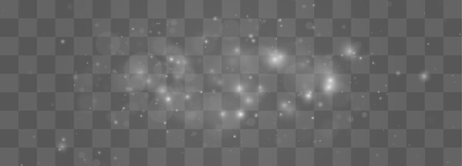 Naklejka premium Bright white dust particles drift naturally with sparkling reflections. Tiny lights create magical atmospheric elegance. Premium white glitter vector.