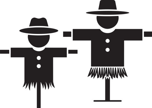 Two scarecrow silhouettes, big and small, wearing hats