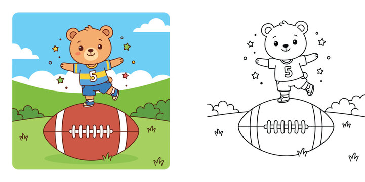 Cute bear balancing on a football coloring page for kids, colored and black and white vector outline illustration of a teddy bear athlete in a sports jersey.