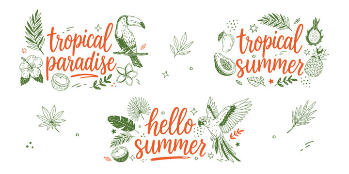 Whimsical tropical doodle vector lettering set with phrases tropical paradise, hello summer and tropical summer, featuring toucan, parrot, jungle leaves, tropical flowers and fruits