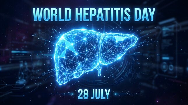 World hepatitis day digital illustration with glowing liver model