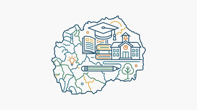 Macedonia map with education symbols and school building.