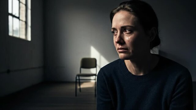 Vulnerable woman suffering from profound depression, overwhelming anxiety, intense sadness, emotional distress, struggling with mental health challenges, feeling isolated in a desolate dark room