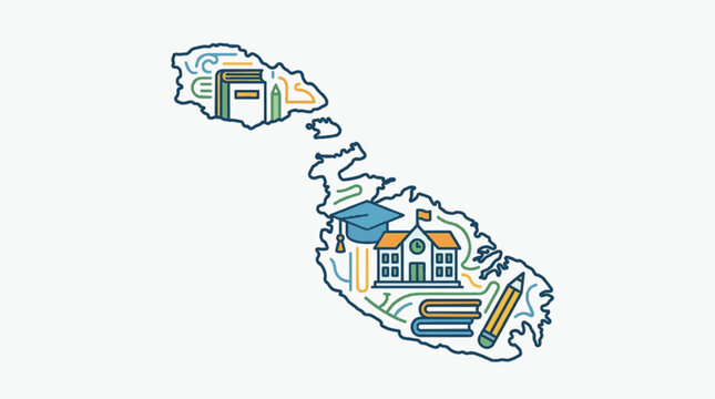 Malta map with educational symbols and buildings.