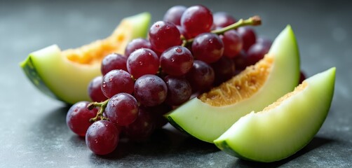Fototapeta premium Red globe grapes and green honeydew melon slices on dark surface. Refreshing natural fruit combination, juicy and sweet. Perfect for healthy eating and summer vibes.