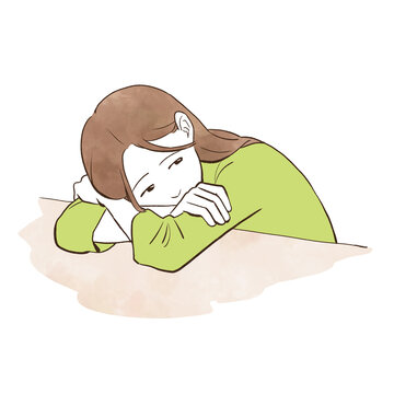 物憂げな表情で机に突っ伏す若い女性　水彩風の手描きイラスト素材