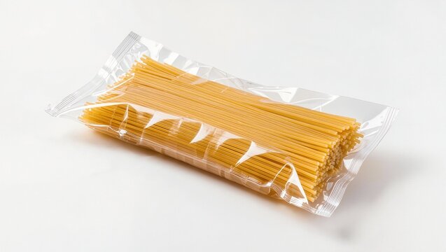 Uncooked dry spaghetti pasta sealed in clear plastic package on white studio background