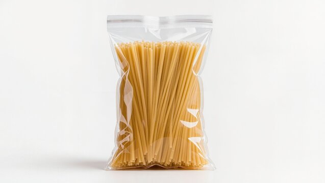 Uncooked spaghetti pasta sealed in clear plastic package on clean white studio background
