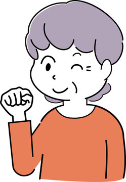 ガッツポーズをしてウインクする女性のシンプルイラスト（おばあさん・シニア・表情・人物素材） / Simple Illustration of a Senior Woman Winking with a Fist Pump