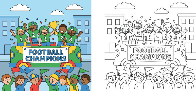 Football champions parade coloring book page set with colored reference, children celebrating victory with trophy on parade float vector illustration.