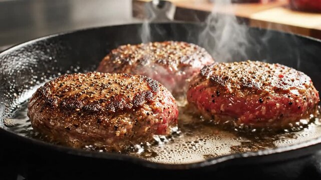 Close-up of three seasoned beef patties sizzling in a cast iron pan over a stovetop