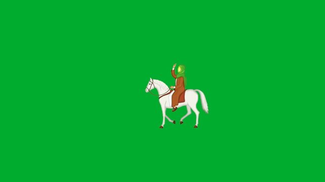 2d animated Warrior riding a white horse moving across the distance slowly animation on green screen. Historical knight character traveling on stallion vector animation on green screen. Small scale