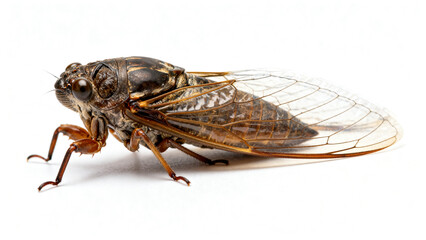 Fototapeta premium Detailed side view of a large cicada insect with transparent wings, isolated on a clean white background.