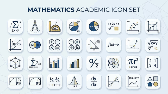 Mathematics Academic Icon Set: Formulas, Graphs, Geometry, Statistics