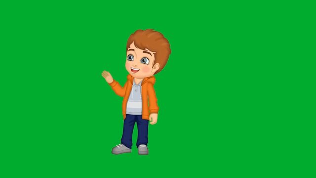 2d animated Boy cartoon character wearing orange jacket standing in frontal view animation on green screen. Cute happy child smiling pleasantly with casual hairstyle animation on green screen. Young