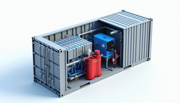 Containerized system with hydrogen fuel cells. Mobile power unit for energy production. Green tech for off-grid electricity generation. Clean energy storage solution.