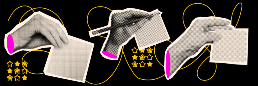 Hand halftone collage with pencil sketch on background. Cut sign popart school walk composition showing expressive vintage hands holding notes and paper in dynamic retro style for modern design use