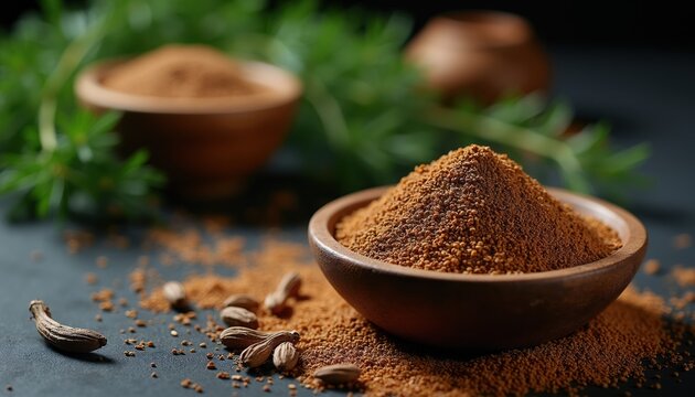 Ground cumin spice and whole pods in wooden bowls. Fragrant brown powder and seeds arranged for cooking. Herbs and ingredients for culinary use.