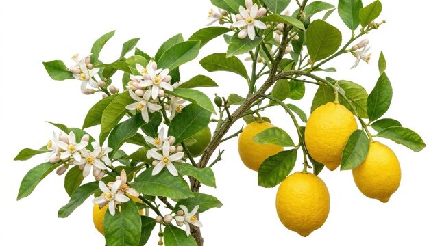 Fresh yellow lemons on branch with white blossoms, citrus tree with green leaves and ripe fruit, organic lemon plant in bloom isolated PNG with Transparent Background