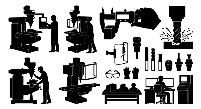 Industrial Machining Icons Set, CNC Milling Machine Operations, Precision Engineering Tools, Manufacturing Process Silhouettes